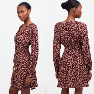 Madewell Smocked Y-Neck Mini Dress Floral Long Sleeve Viscose Pockets Sz Medium